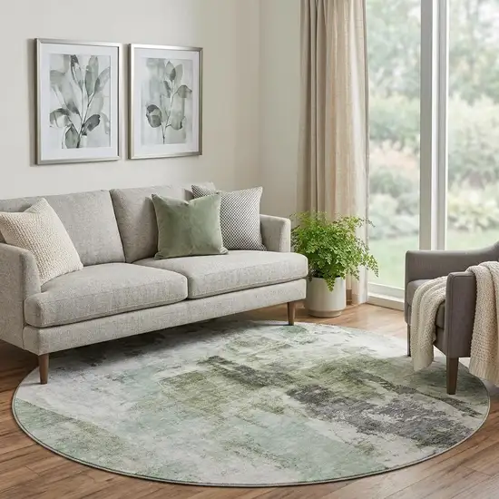 8' Mint Green Ivory And Gray Abstract Washable Round Rug With UV Protection Photo 1