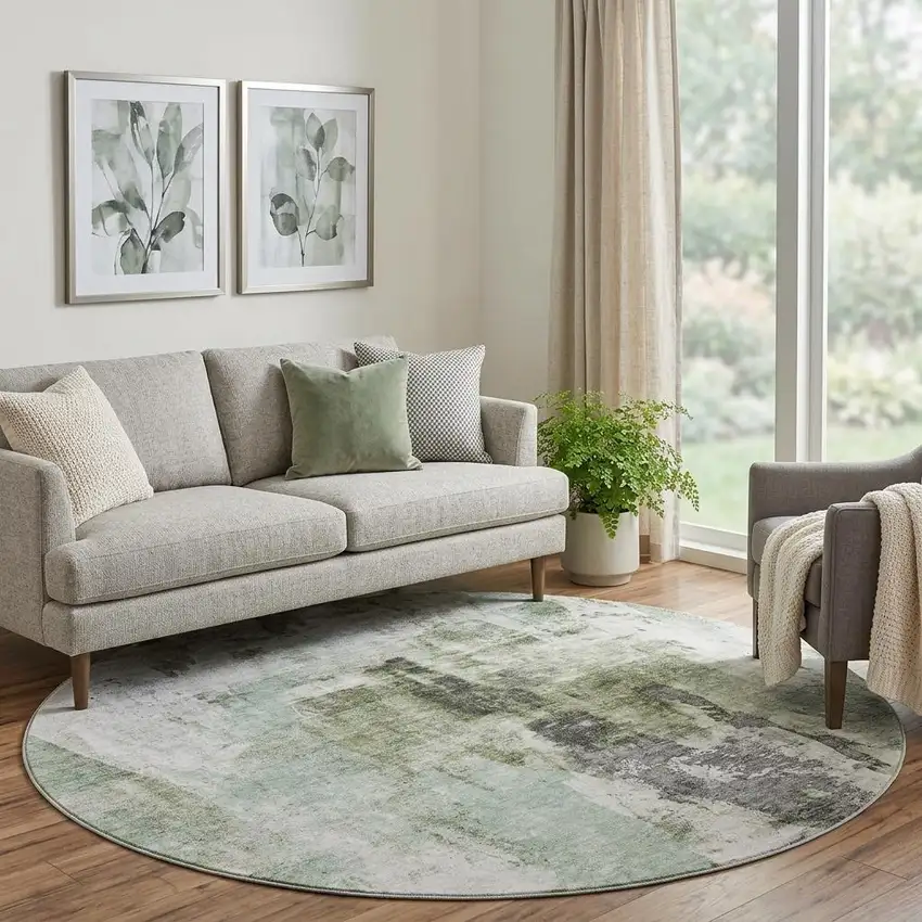 8' Mint Green Ivory And Gray Abstract Washable Round Rug With UV Protection Photo 1