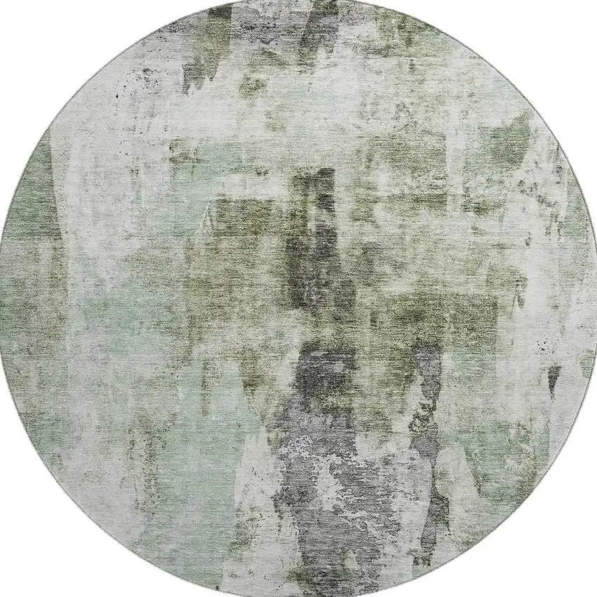 8' Mint Green Ivory And Gray Abstract Washable Round Rug With UV Protection Photo 3