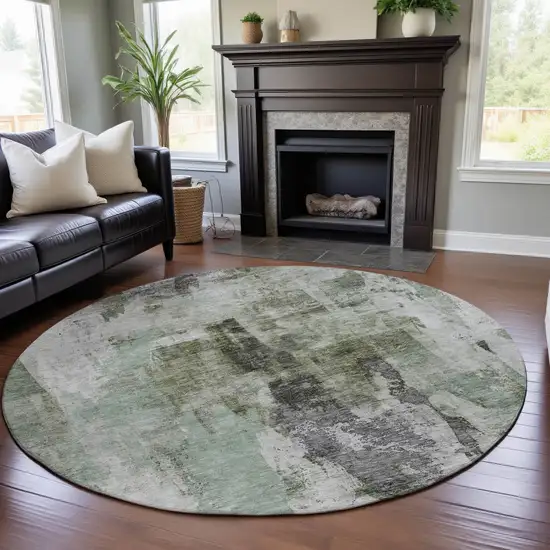 8' Mint Green Ivory And Gray Abstract Washable Round Rug With UV Protection Photo 4