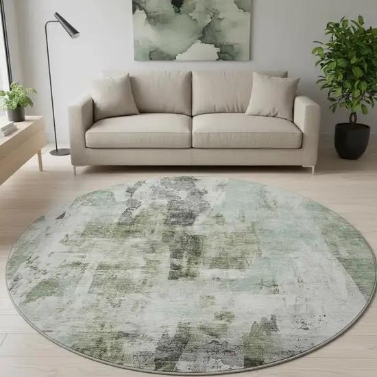 8' Mint Green Ivory And Gray Abstract Washable Round Rug With UV Protection Photo 2