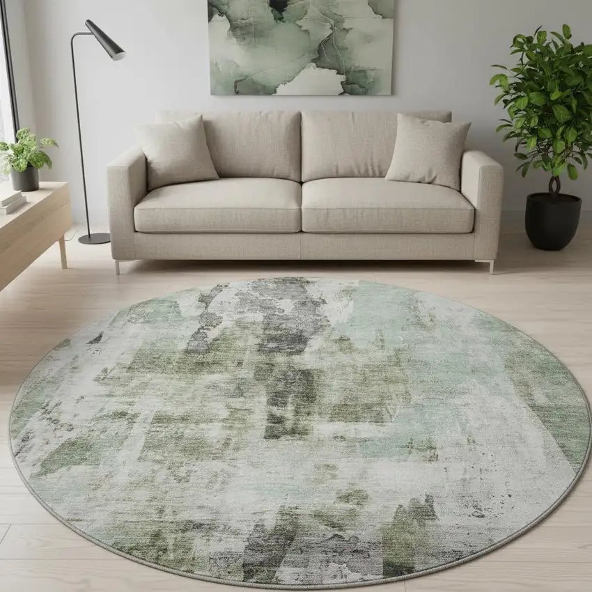 8' Mint Green Ivory And Gray Abstract Washable Round Rug With UV Protection Photo 2