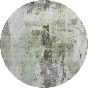Photo of 8' Mint Green Ivory And Gray Abstract Washable Round Rug With UV Protection