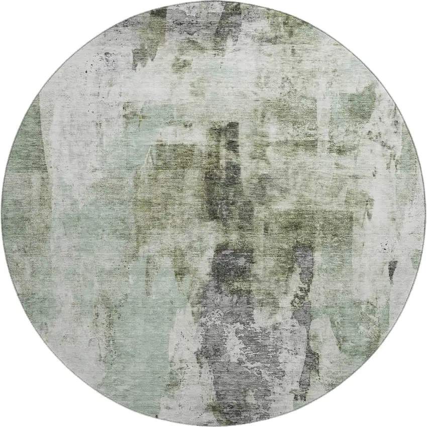 8' Mint Green Ivory And Gray Abstract Washable Round Rug With UV Protection Photo 1