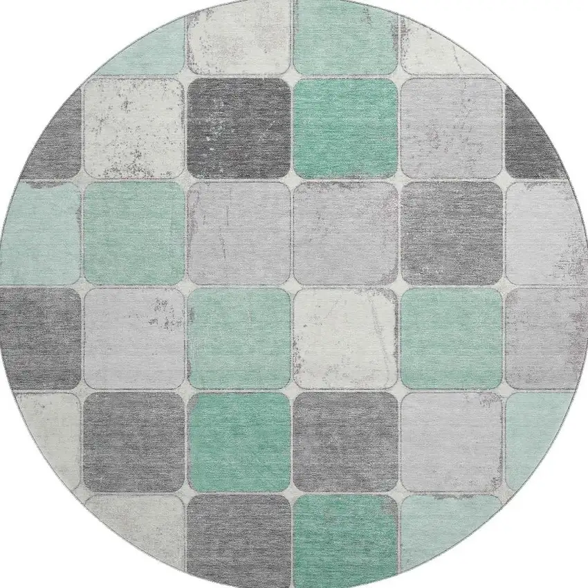 8' Mint Green Ivory And Gray Geometric Washable Round Rug With UV Protection Photo 4