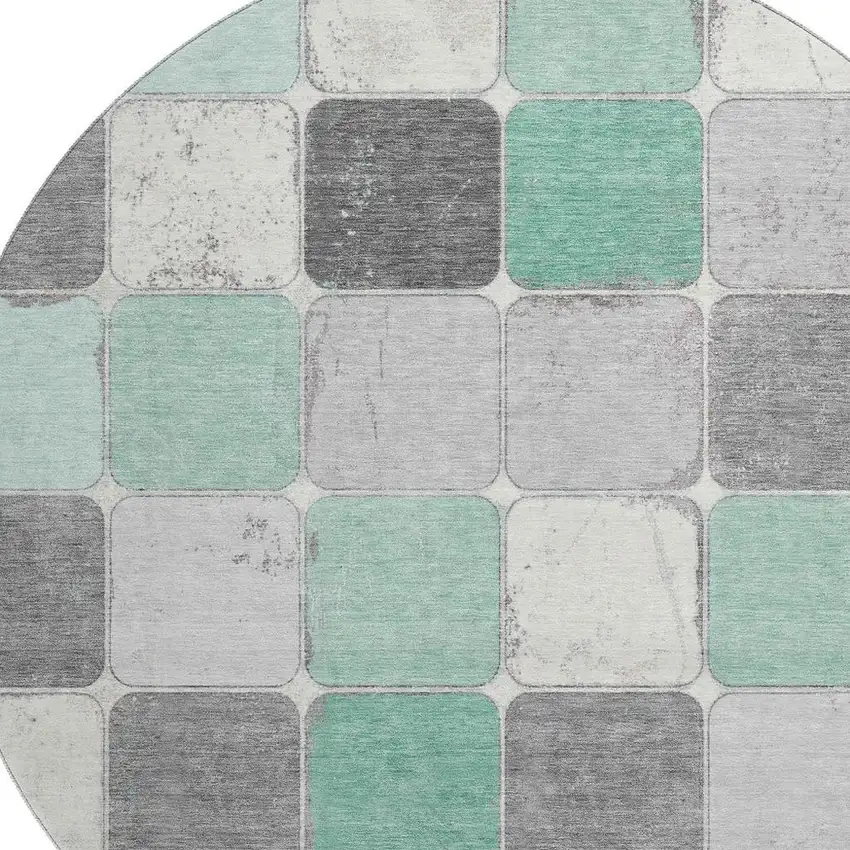 8' Mint Green Ivory And Gray Geometric Washable Round Rug With UV Protection Photo 3