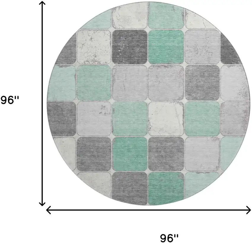 8' Mint Green Ivory And Gray Geometric Washable Round Rug With UV Protection Photo 9