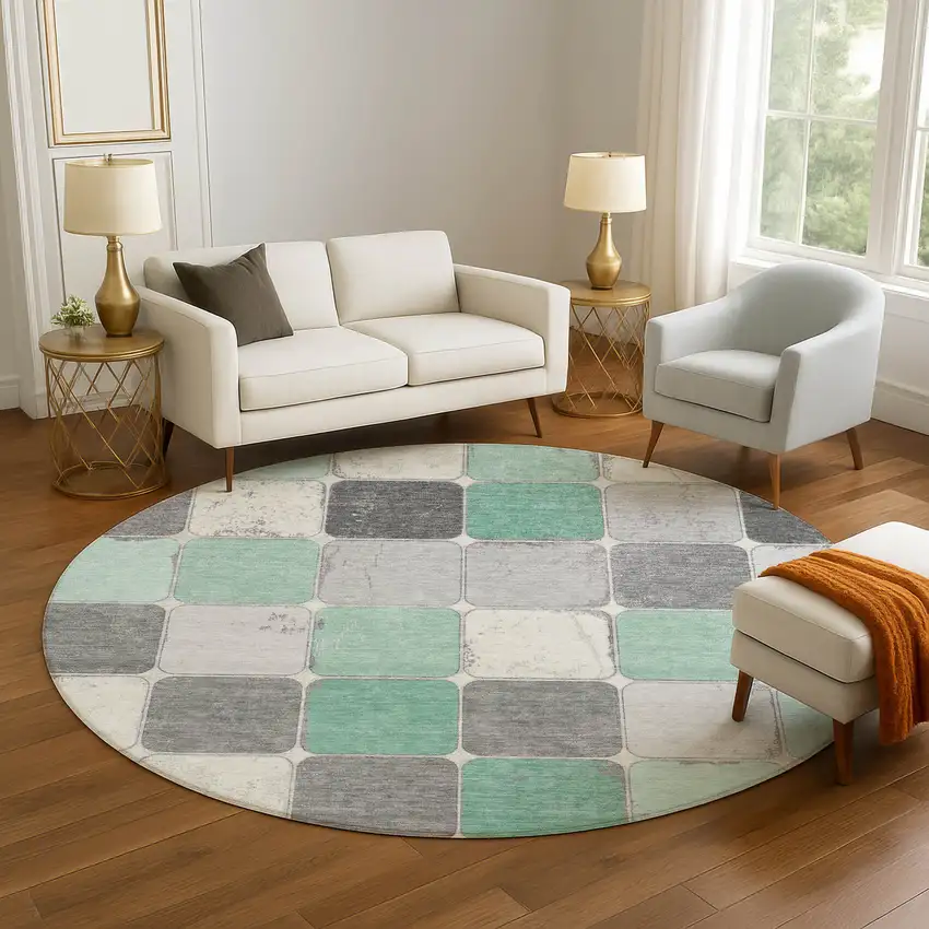 8' Mint Green Ivory And Gray Geometric Washable Round Rug With UV Protection Photo 5