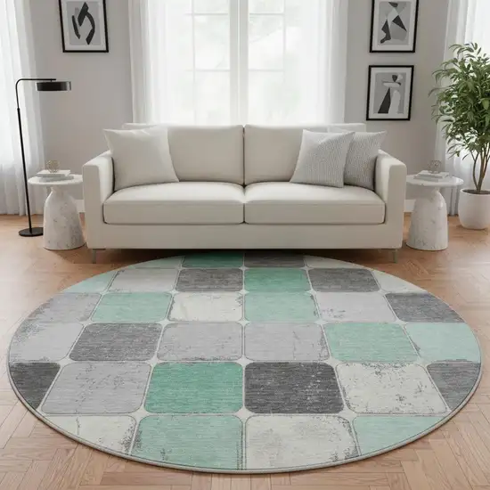 8' Mint Green Ivory And Gray Geometric Washable Round Rug With UV Protection Photo 2