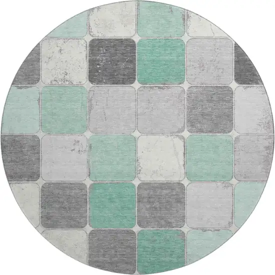 8' Mint Green Ivory And Gray Geometric Washable Round Rug With UV Protection Photo 1