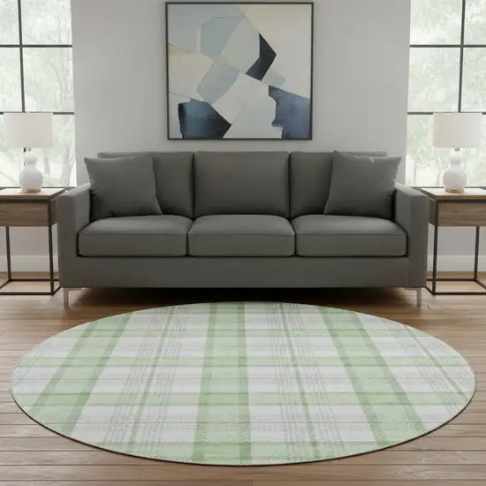 8' Mint Green Ivory And Gray Plaid Washable Round Rug With UV Protection Photo 2