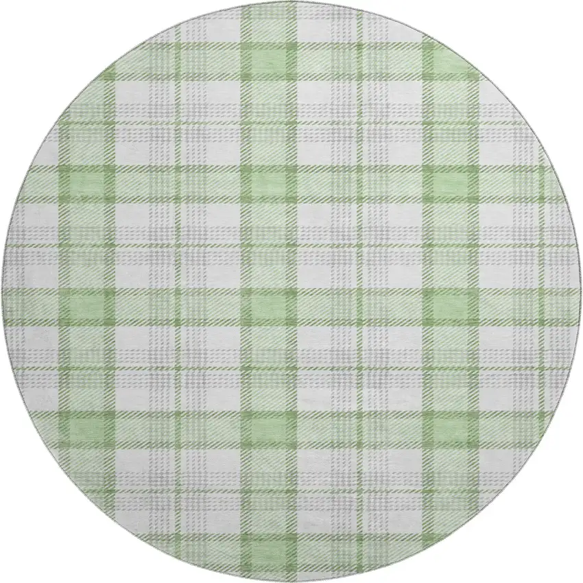 8' Mint Green Ivory And Gray Plaid Washable Round Rug With UV Protection Photo 1