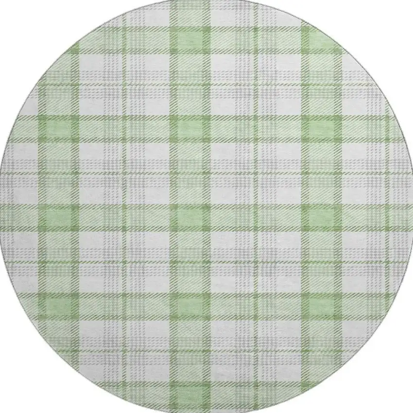 8' Mint Green Ivory And Gray Plaid Washable Round Rug With UV Protection Photo 3