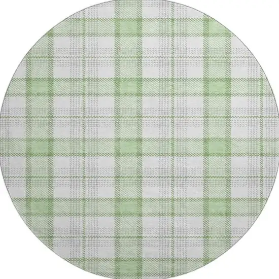 8' Mint Green Ivory And Gray Plaid Washable Round Rug With UV Protection Photo 3