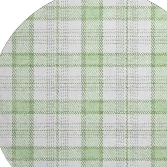 8' Mint Green Ivory And Gray Plaid Washable Round Rug With UV Protection Photo 2