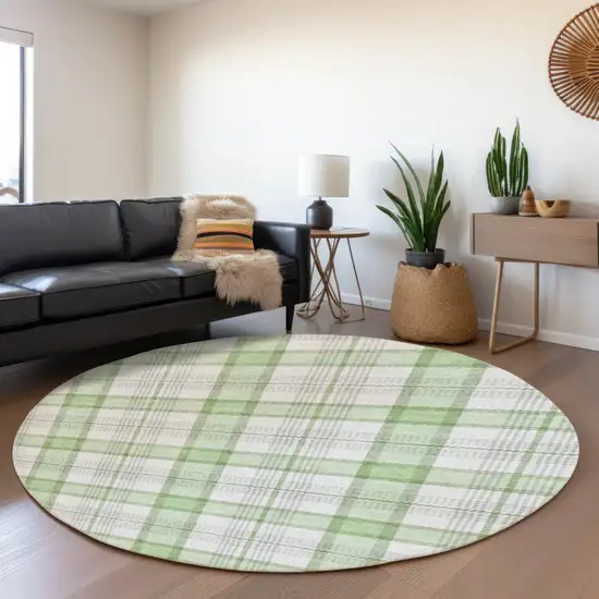 8' Mint Green Ivory And Gray Plaid Washable Round Rug With UV Protection Photo 4