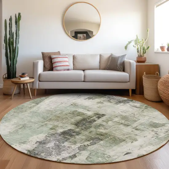 8' Mint Green Ivory And Gray Round Abstract Washable Indoor Outdoor Area Rug Photo 8
