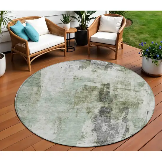 8' Mint Green Ivory And Gray Round Abstract Washable Indoor Outdoor Area Rug Photo 1