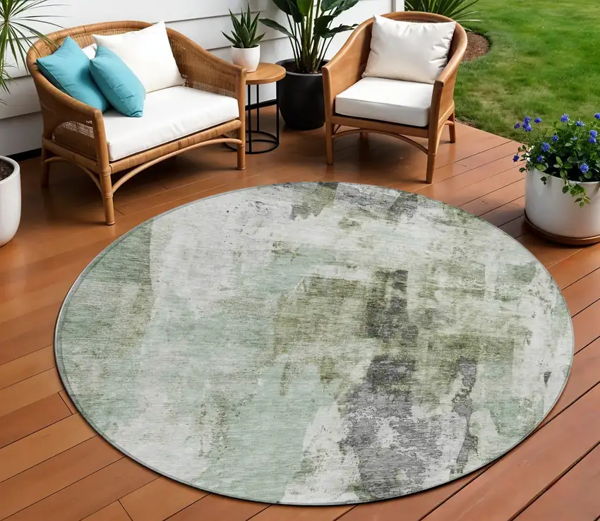 8' Mint Green Ivory And Gray Round Abstract Washable Indoor Outdoor Area Rug Photo 1