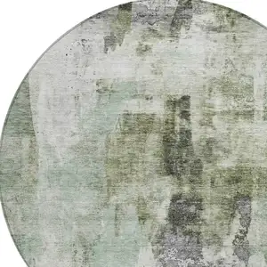 Photo of 8' Mint Green Ivory And Gray Round Abstract Washable Indoor Outdoor Area Rug