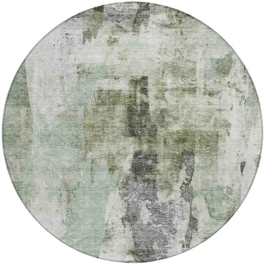 8' Mint Green Ivory And Gray Round Abstract Washable Indoor Outdoor Area Rug Photo 2