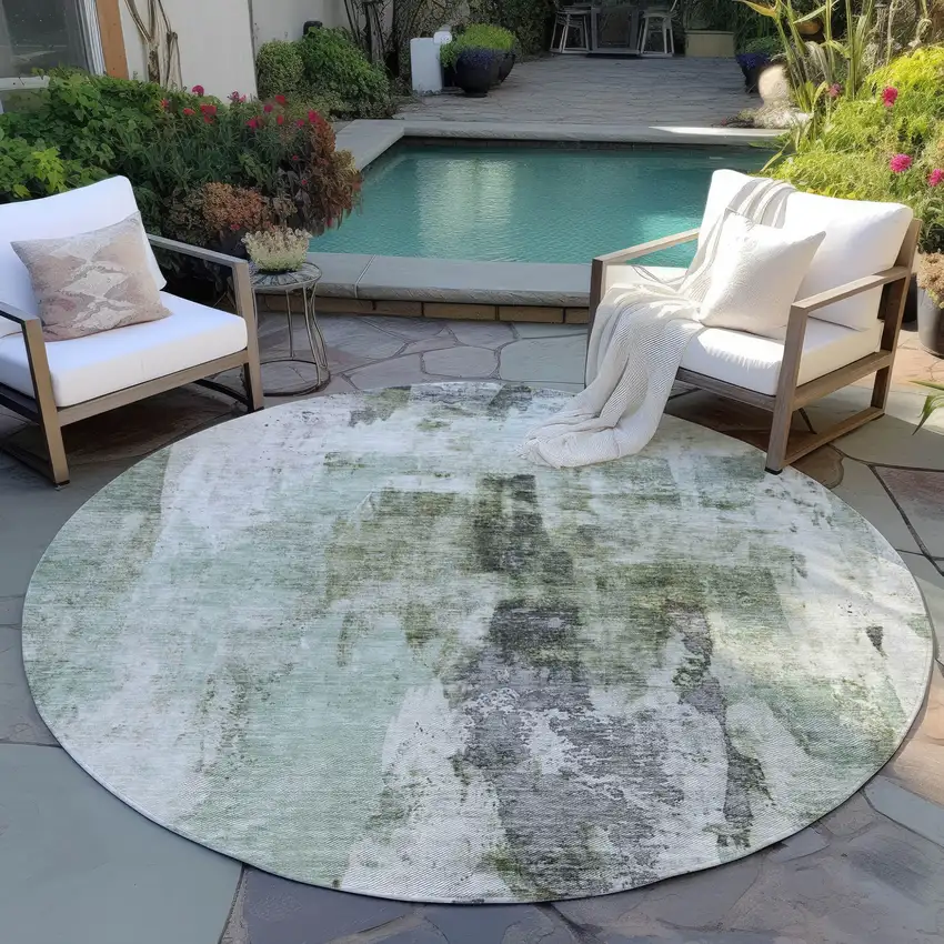 8' Mint Green Ivory And Gray Round Abstract Washable Indoor Outdoor Area Rug Photo 7