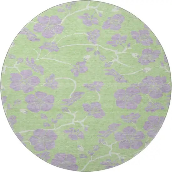 8' Mint Green Ivory And Lavender Floral Washable Round Rug With UV Protection Photo 3
