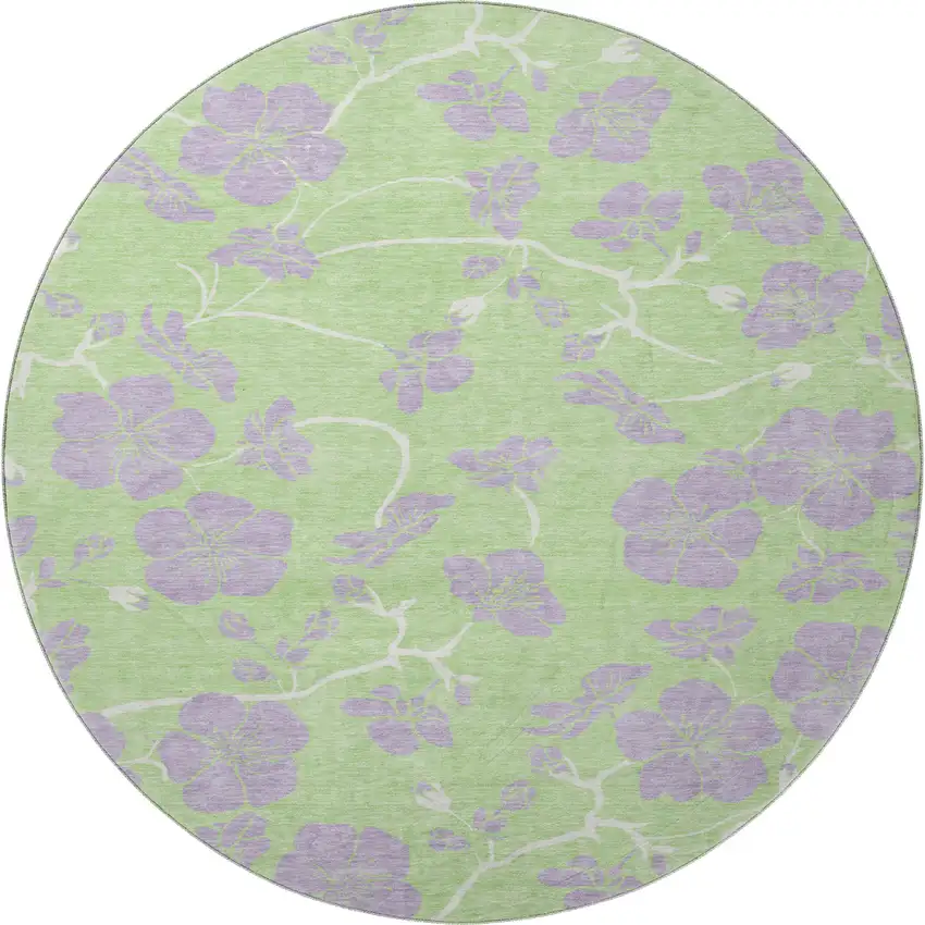 8' Mint Green Ivory And Lavender Floral Washable Round Rug With UV Protection Photo 3