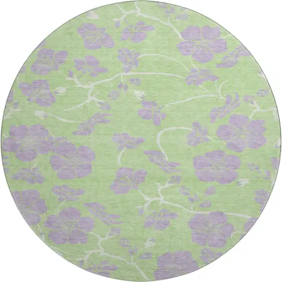 8' Mint Green Ivory And Lavender Floral Washable Round Rug With UV Protection Photo 1