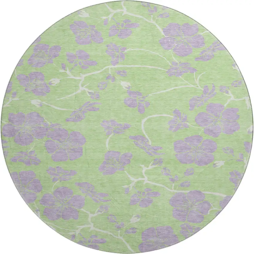 8' Mint Green Ivory And Lavender Floral Washable Round Rug With UV Protection Photo 1