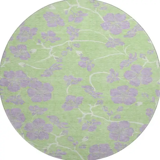 8' Mint Green Ivory And Lavender Floral Washable Round Rug With UV Protection Photo 2