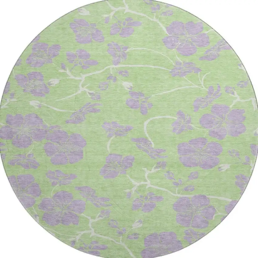 8' Mint Green Ivory And Lavender Floral Washable Round Rug With UV Protection Photo 2