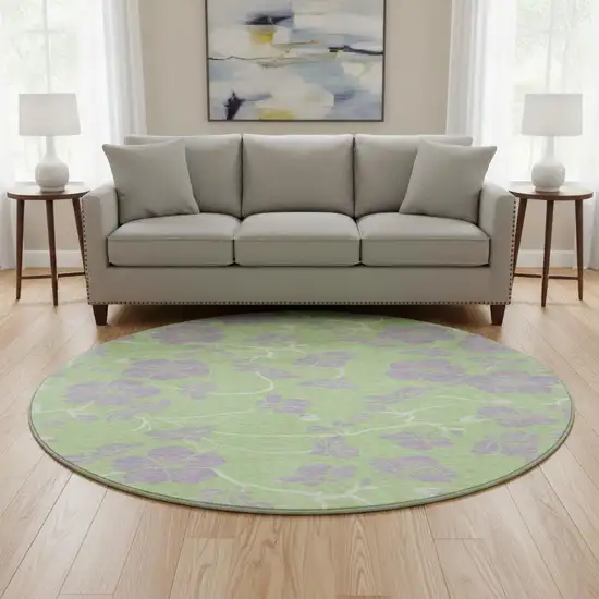8' Mint Green Ivory And Lavender Floral Washable Round Rug With UV Protection Photo 2