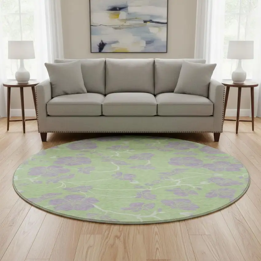 8' Mint Green Ivory And Lavender Floral Washable Round Rug With UV Protection Photo 2