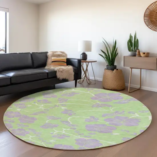 8' Mint Green Ivory And Lavender Floral Washable Round Rug With UV Protection Photo 4