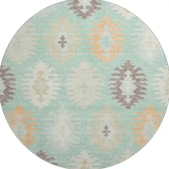 8' Mint Green Ivory And Peach Southwestern Washable Round Rug With UV Protection Photo 3
