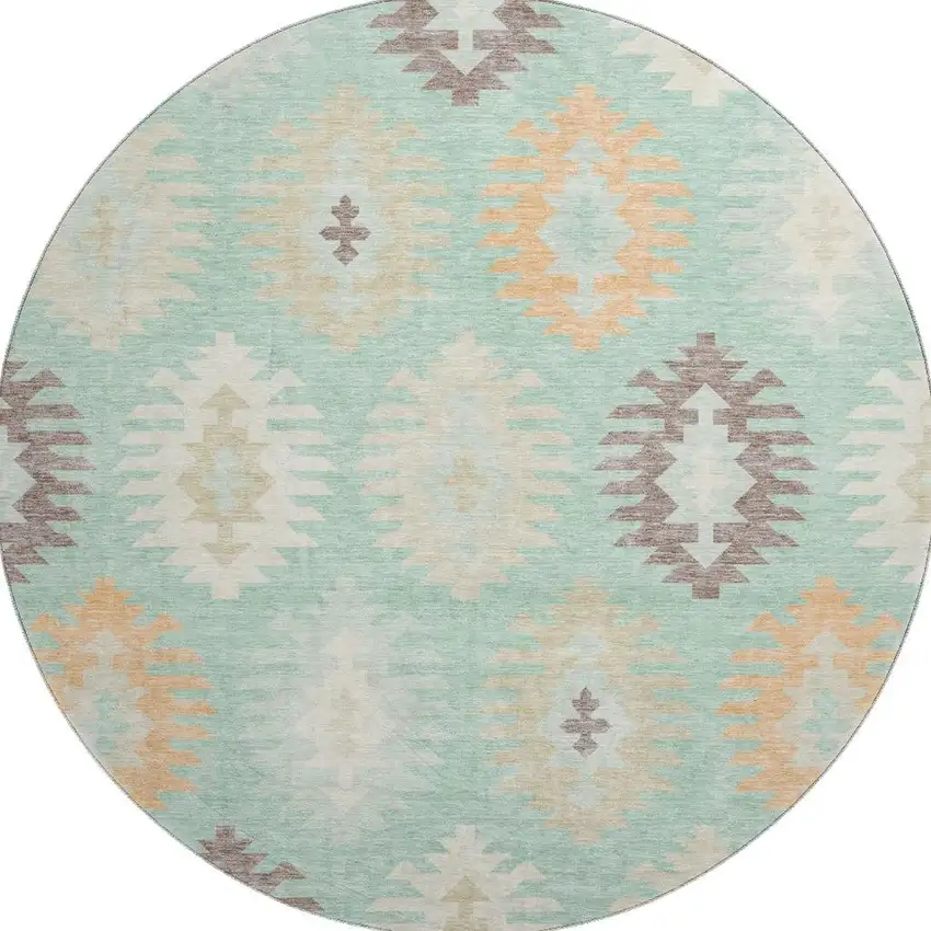 8' Mint Green Ivory And Peach Southwestern Washable Round Rug With UV Protection Photo 3