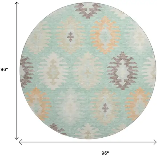 8' Mint Green Ivory And Peach Southwestern Washable Round Rug With UV Protection Photo 9