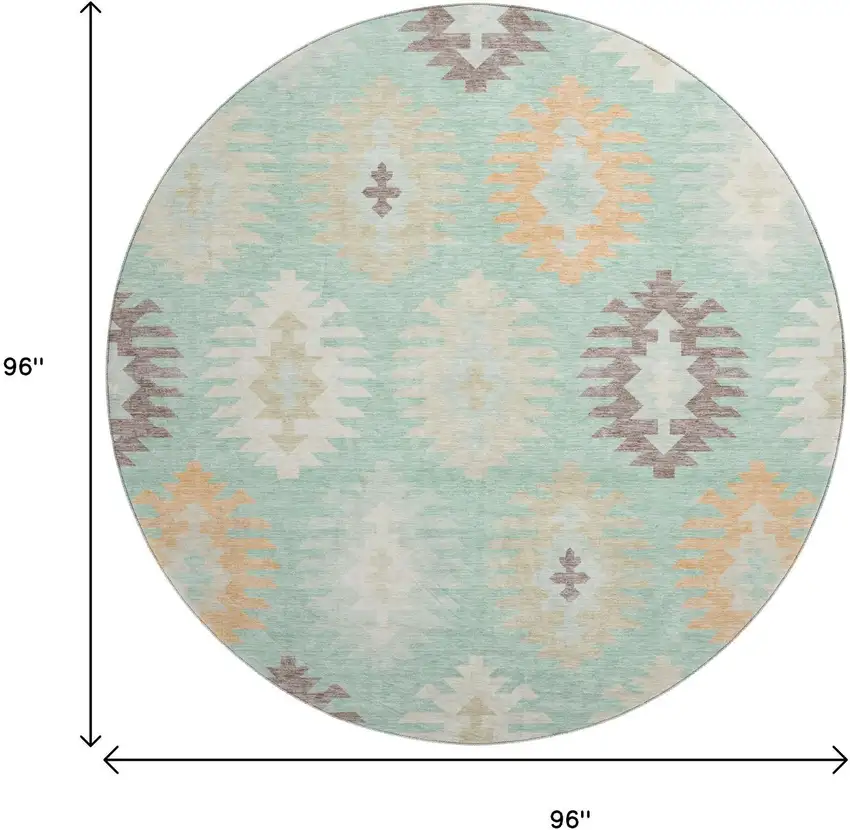 8' Mint Green Ivory And Peach Southwestern Washable Round Rug With UV Protection Photo 9