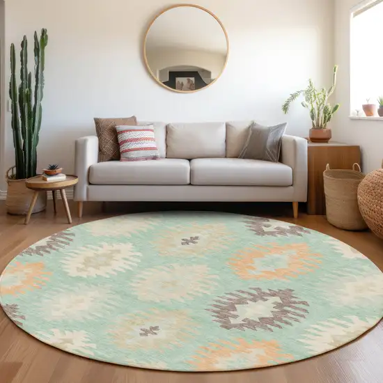 8' Mint Green Ivory And Peach Southwestern Washable Round Rug With UV Protection Photo 4