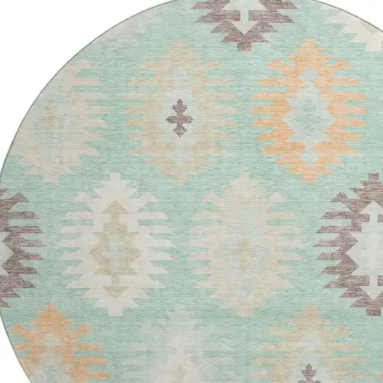 8' Mint Green Ivory And Peach Southwestern Washable Round Rug With UV Protection Photo 2