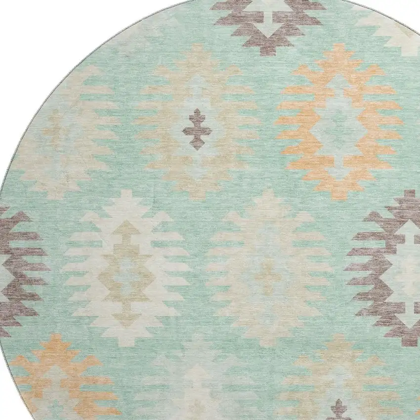 8' Mint Green Ivory And Peach Southwestern Washable Round Rug With UV Protection Photo 2