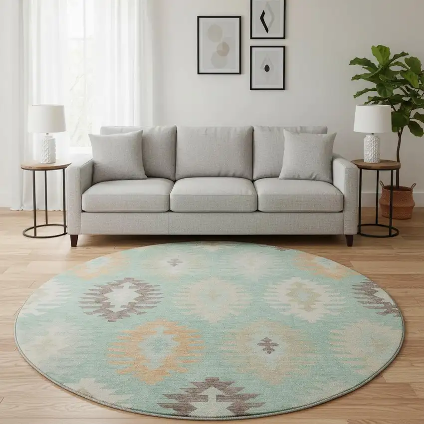 8' Mint Green Ivory And Peach Southwestern Washable Round Rug With UV Protection Photo 2