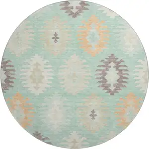 Photo of 8' Mint Green Ivory And Peach Southwestern Washable Round Rug With UV Protection