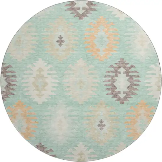 8' Mint Green Ivory And Peach Southwestern Washable Round Rug With UV Protection Photo 1