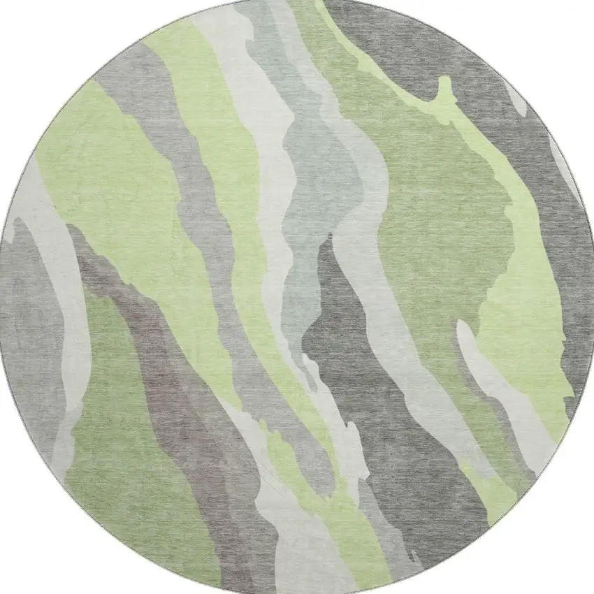 8' Mint Green Ivory And Silver Abstract Washable Round Rug With UV Protection Photo 2