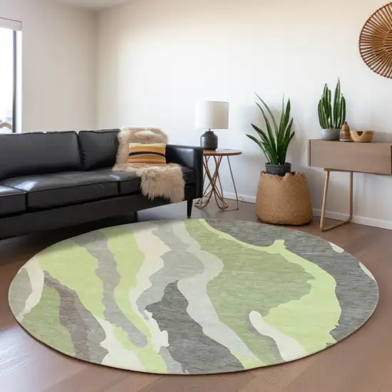 8' Mint Green Ivory And Silver Abstract Washable Round Rug With UV Protection Photo 4