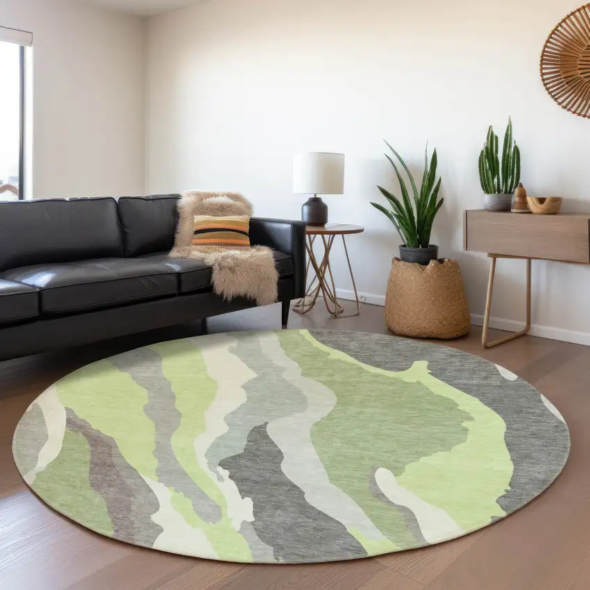 8' Mint Green Ivory And Silver Abstract Washable Round Rug With UV Protection Photo 4