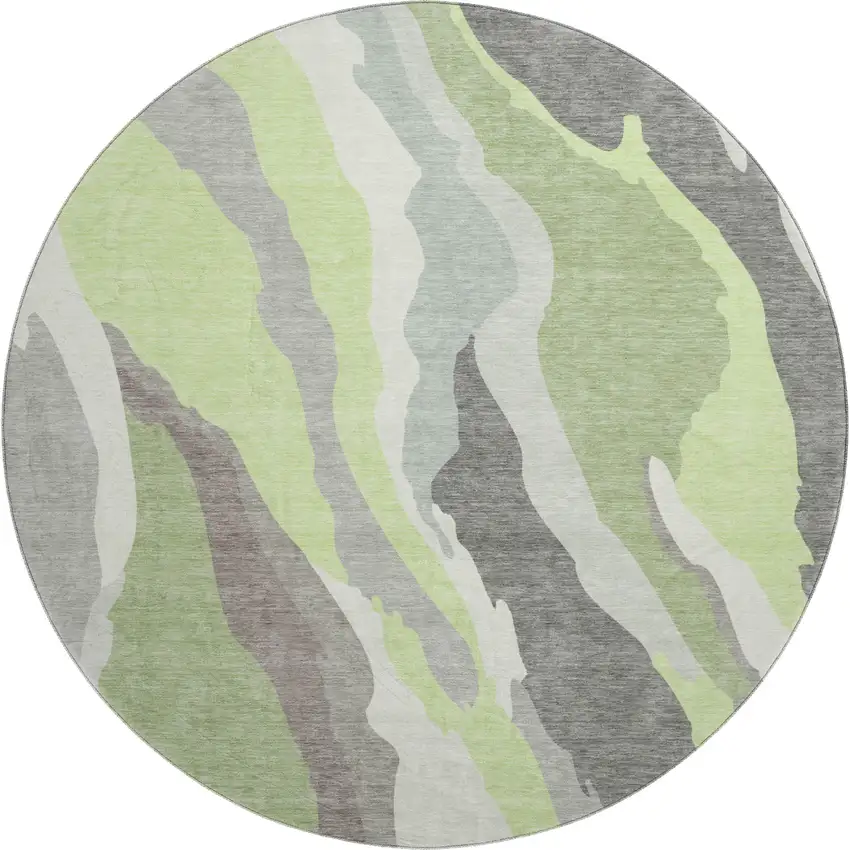 8' Mint Green Ivory And Silver Abstract Washable Round Rug With UV Protection Photo 1