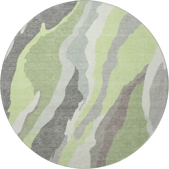 8' Mint Green Ivory And Silver Abstract Washable Round Rug With UV Protection Photo 3